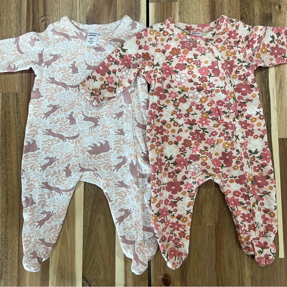 Nordstrom Baby Pink Floral & Woodland Print Footed One-Piece Set